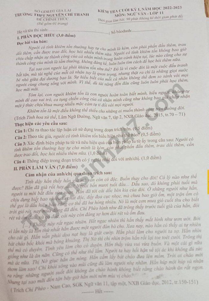 De thi ki 1 lop 11 mon Van nam 2022 - THPT Nguyen Chi Thanh
