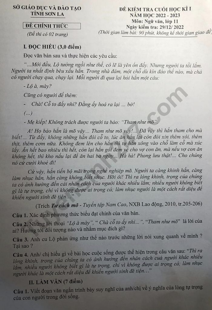 De kiem tra ki 1 mon Van lop 11 - So GDDT Tinh Son La nam 2022