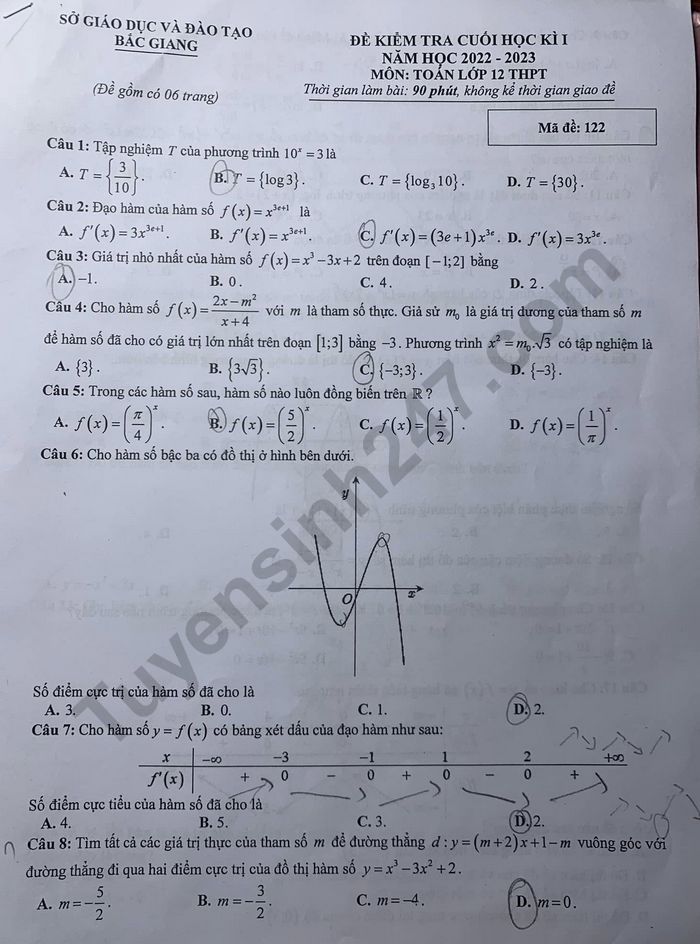 De thi cuoi ki 1 mon Toan lop 12 - So GDDT Bac Giang nam 2022