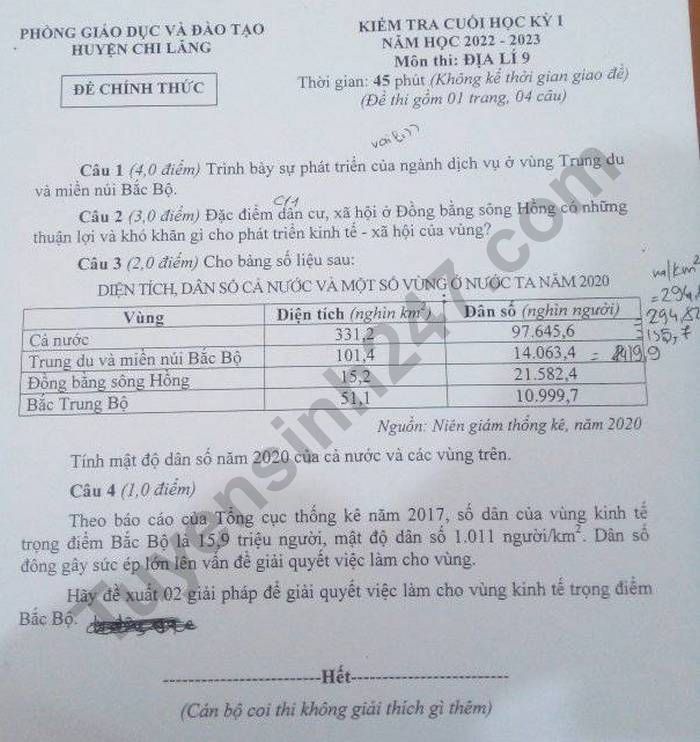 De thi cuoi ki 1 mon Dia lop 9 - Phong GDDT Huyen Chi Lang nam 2022