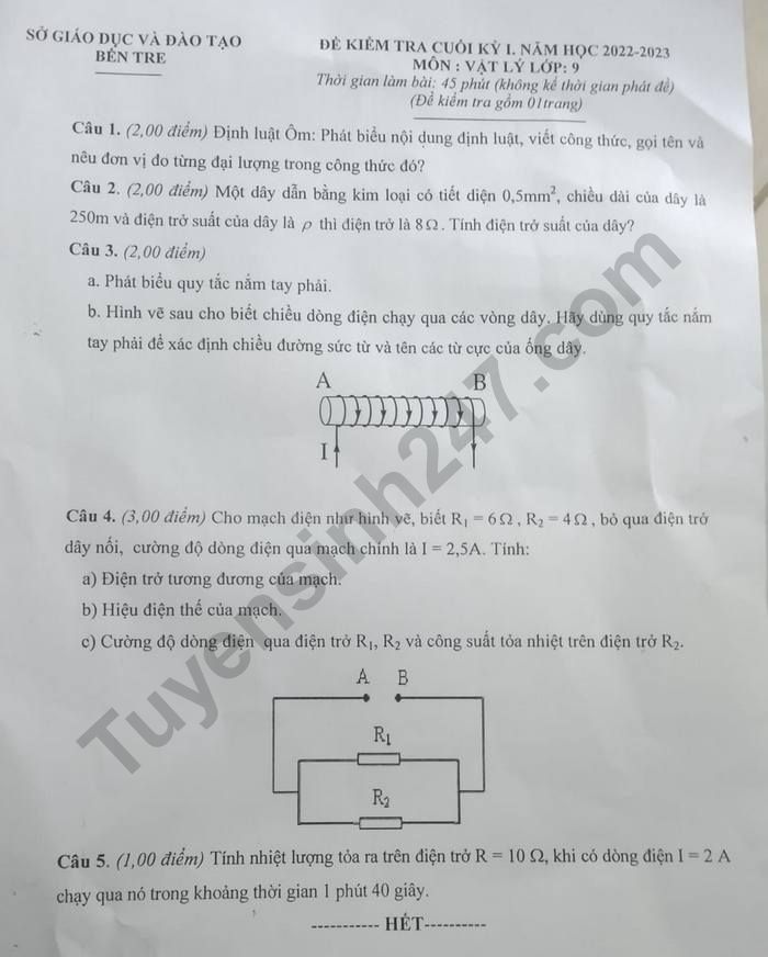 De thi HK 1 lop 9 mon Ly nam 2022 - So GDDT Ben Tre