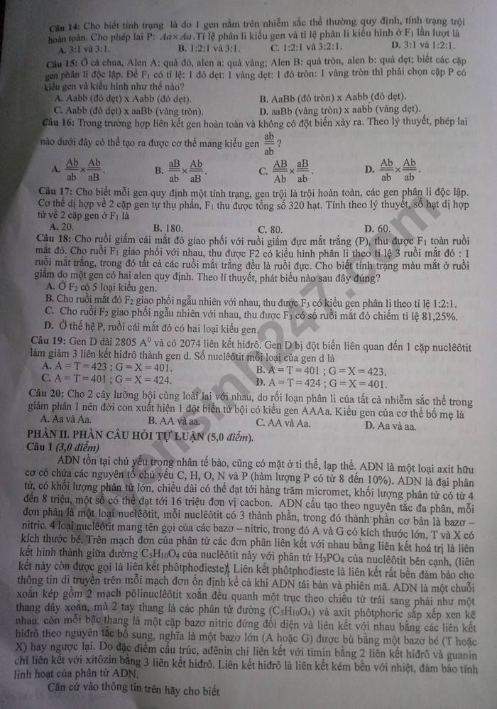 De thi cuoi ki 1 mon Sinh lop 9 - So GDDT Bac Giang nam 2022