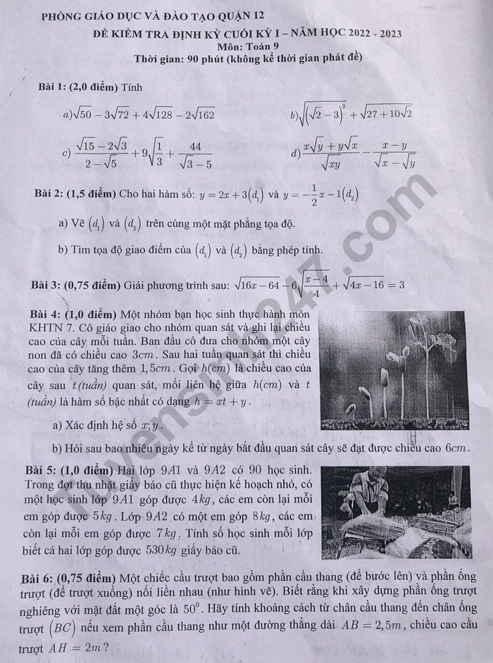 De thi ki 1 lop 9 mon Toan nam 2922 - Phong GDDT Quan 12