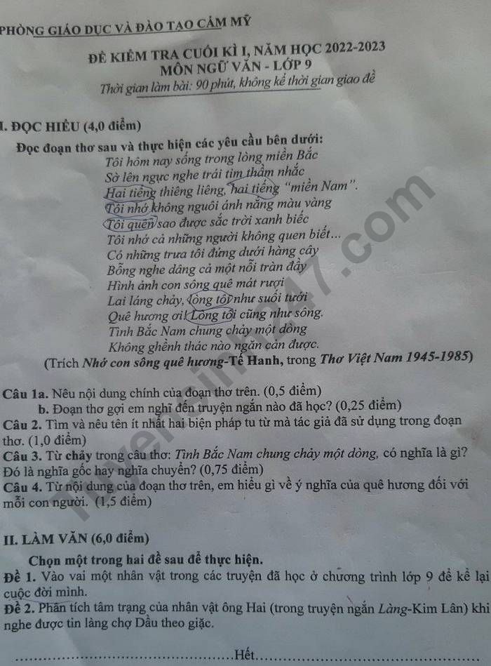 De thi HK 1 lop 9 mon Van nam 2022 - Phong GDDT Cam My