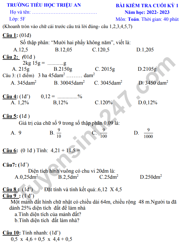 De thi ki 1 mon Toan lop 5 - TH Trieu An 2022 (Co dap an)