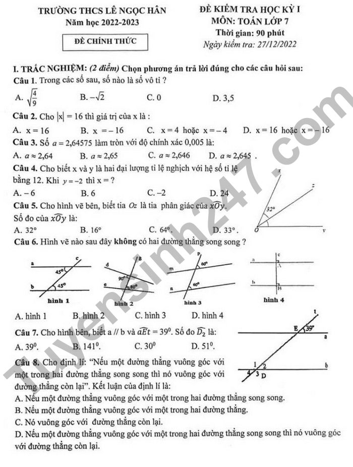 De thi ki 1 mon Toan 2022 lop 7 THCS Le Ngoc Han