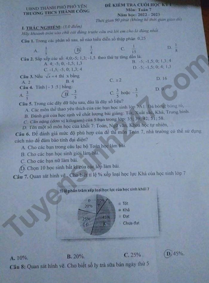 De thi hoc ki 1 lop 7 mon Toan - THCS Thanh Cong 2022