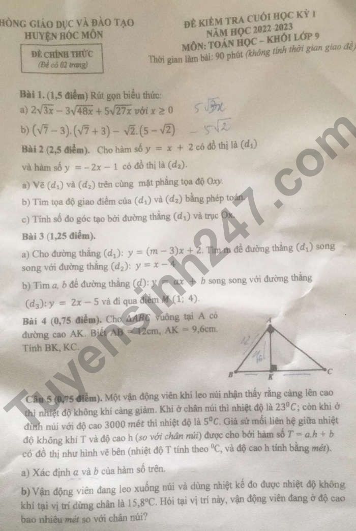 De kiem tra ki 1 lop 9 nam mon Toan Huyen Hoc Mon 2022