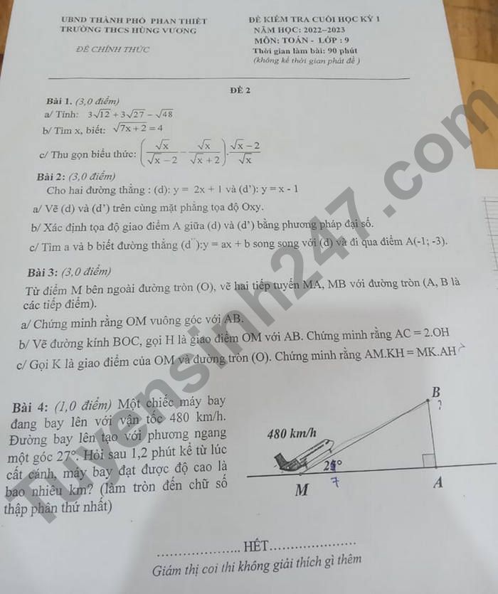 De thi HK 1 mon Toan lop 9 THCS Hung Vuong 2022