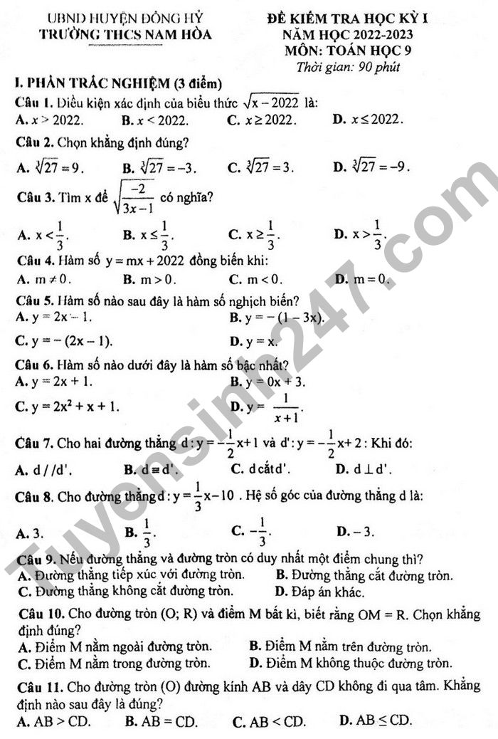 De thi cuoi ki 1 mon Toan lop 9 THCS Nam Hoa 2022