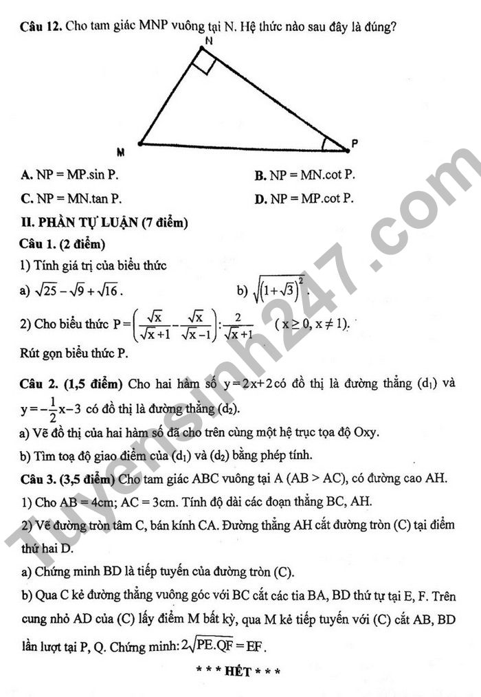 De thi cuoi ki 1 mon Toan lop 9 THCS Nam Hoa 2022