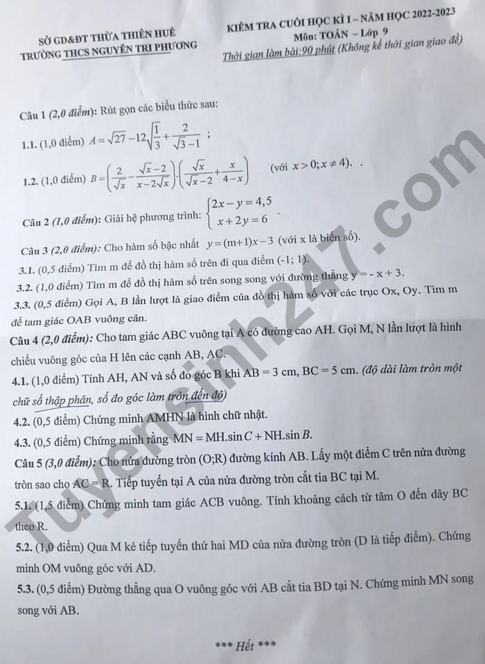 De thi ki 1 mon Toan nam 2022 lop 7 THCS Nguyen Tri Phuong