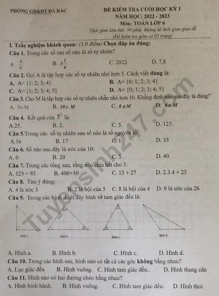 De thi hoc ki 1 lop 6 nam 2022 mon Toan - Phong GDDT Da Bac