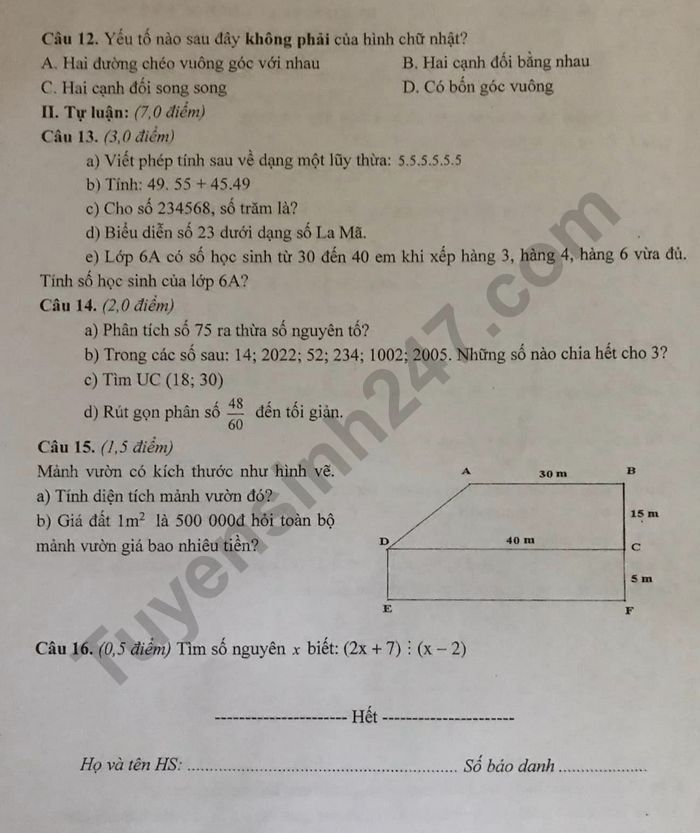 De thi hoc ki 1 lop 6 nam 2022 mon Toan - Phong GDDT Da Bac