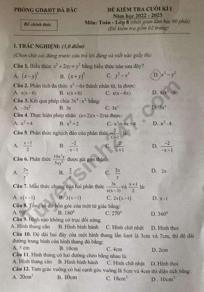 De thi cuoi ki 1 mon Toan lop 8 - Phong GDDT Da Bac nam 2022
