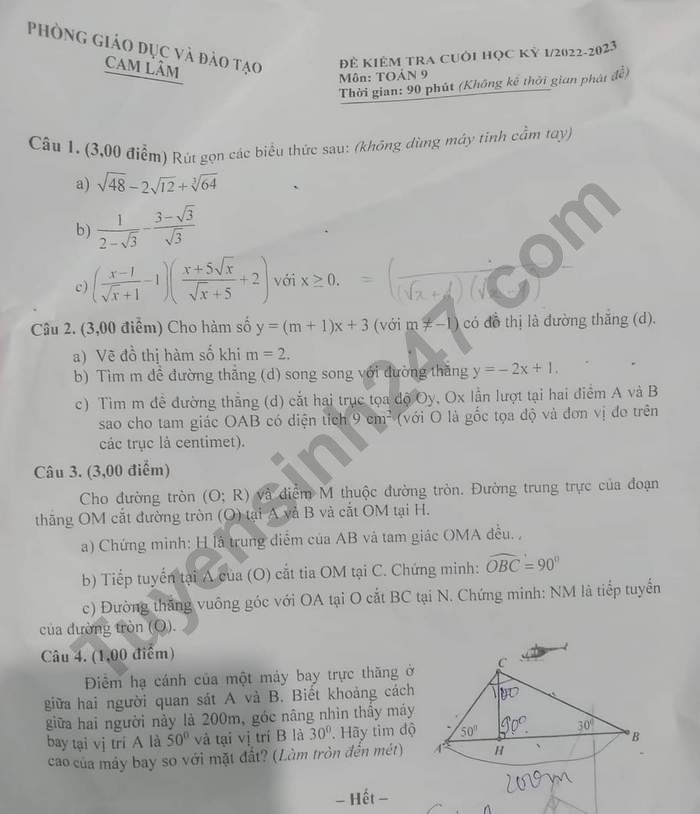De thi hoc ki 1 lop 9 nam 2022 mon Toan - Phong GDDT Cam Lam