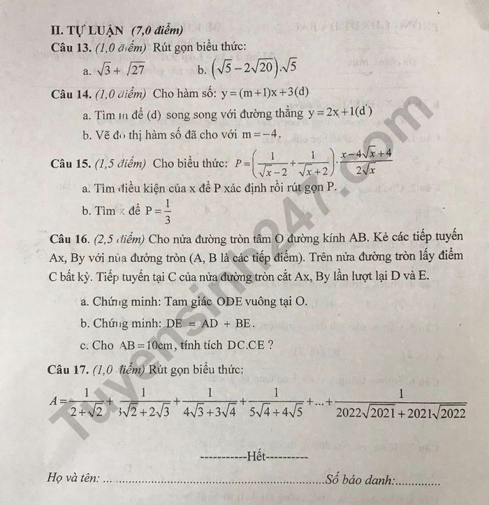 De thi hoc ki 1 lop 9 nam 2022 mon Toan - Phong GDDT Da Bac
