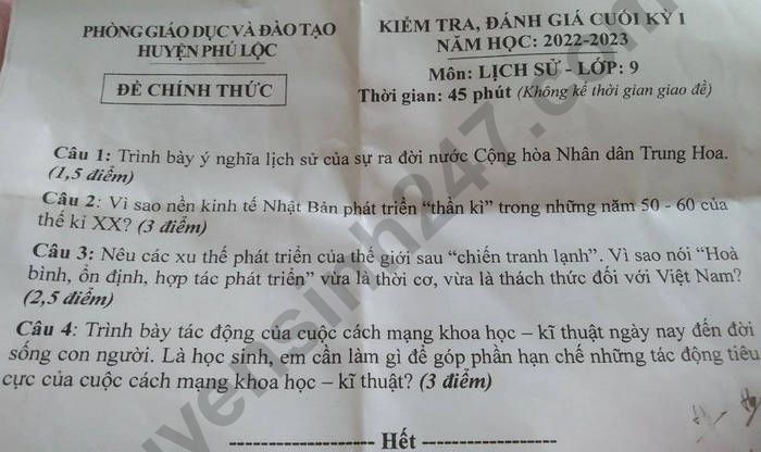 De thi ki 1 mon Su lop 9 - Phong GD Phu Loc 2022