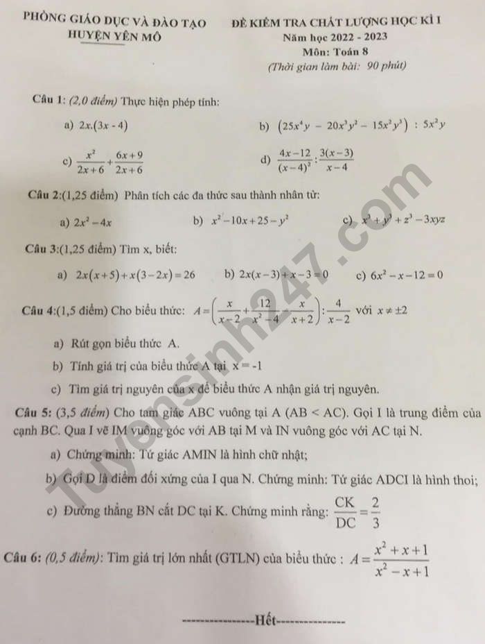 De thi ki 1 mon Toan lop 8 nam 2022 - Phong GD Yen Mo