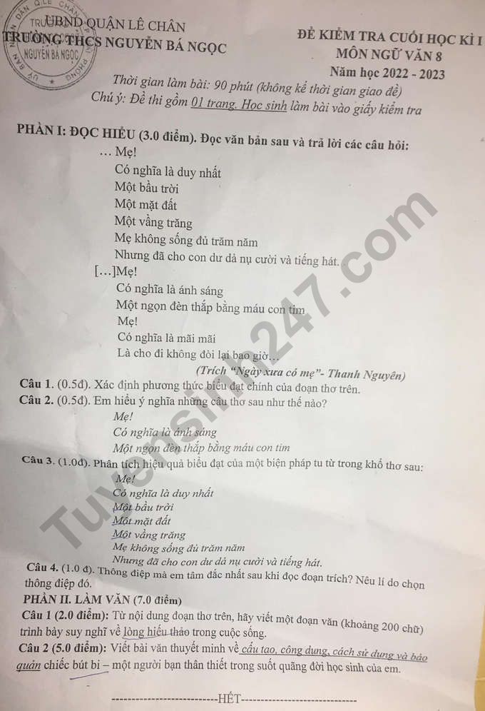 De thi ki 1 lop 8 mon Van 2022 - THCS Nguyen Ba Ngoc