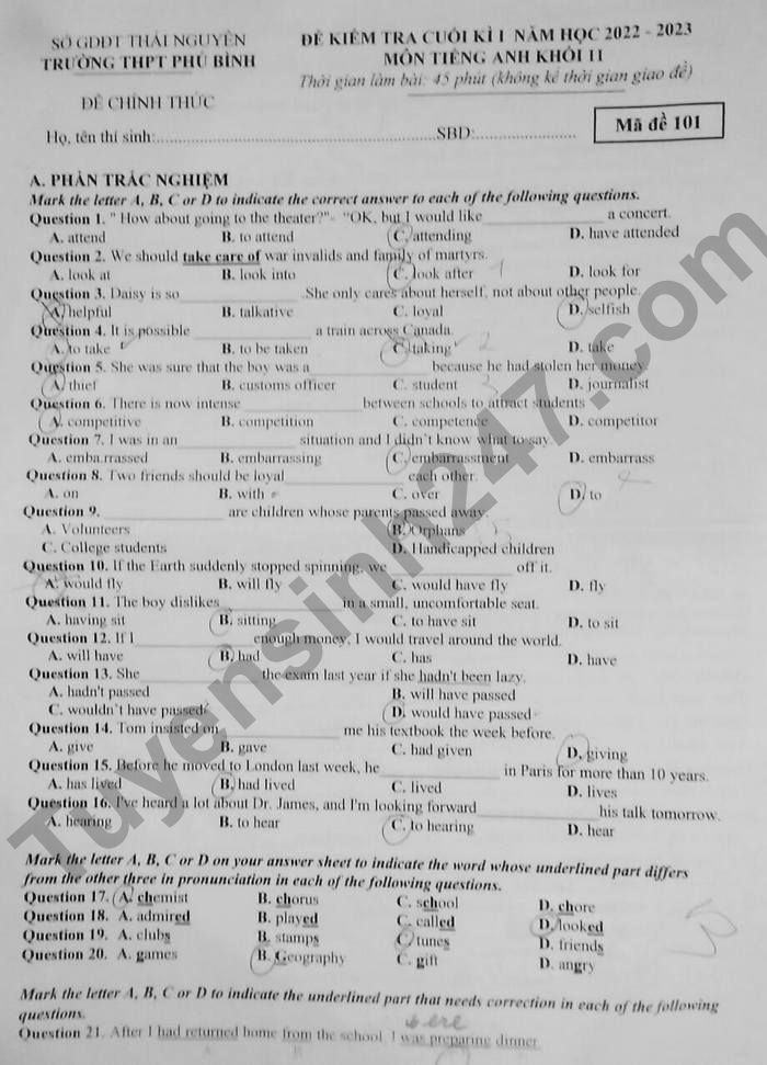 De kiem tra ki 1 mon Anh lop 11 nam 2022 - THPT Phu Binh (Co dap an)