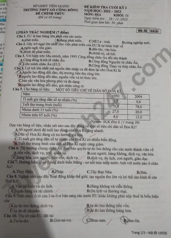 De kiem tra ki 1 mon Dia lop 11 THPT Go Cong Dong 2022