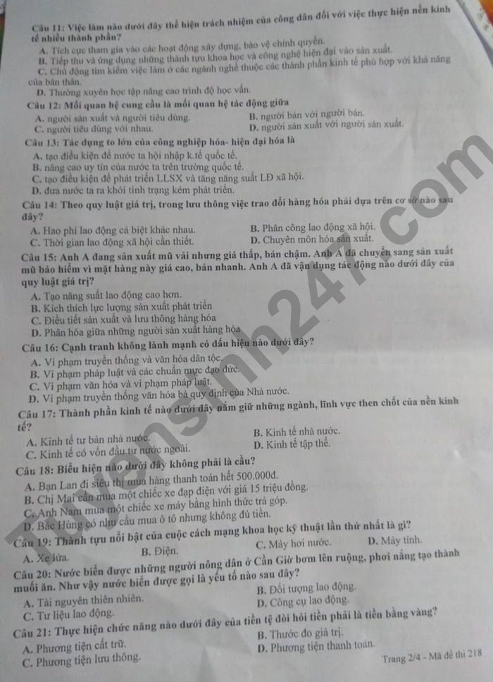 De thi cuoi ki 1 lop 11 mon GDCD - THPT Phan Van Hoa 2022