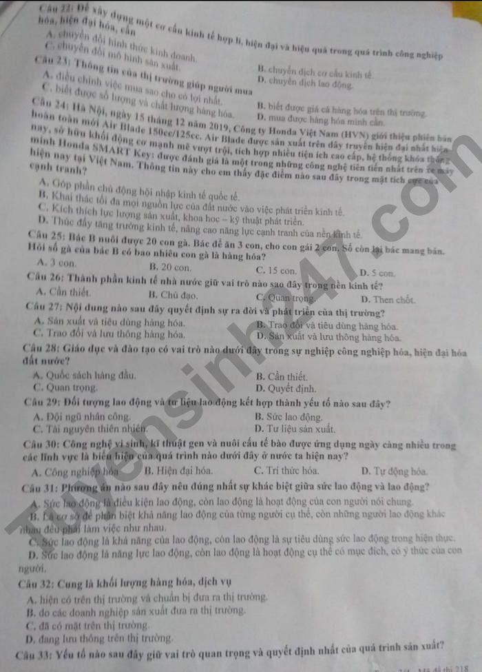De thi cuoi ki 1 lop 11 mon GDCD - THPT Phan Van Hoa 2022