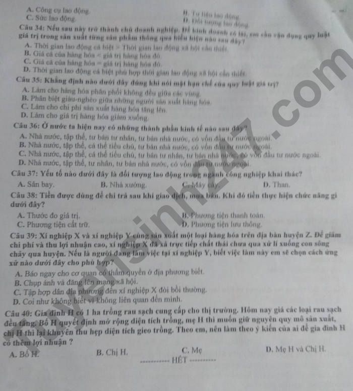 De thi cuoi ki 1 lop 11 mon GDCD - THPT Phan Van Hoa 2022