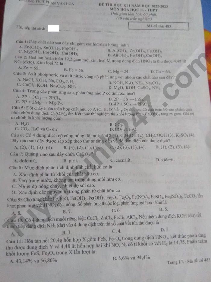 De thi ki 1 mon Hoa lop 11 THPT Phan Van Hoa 2022
