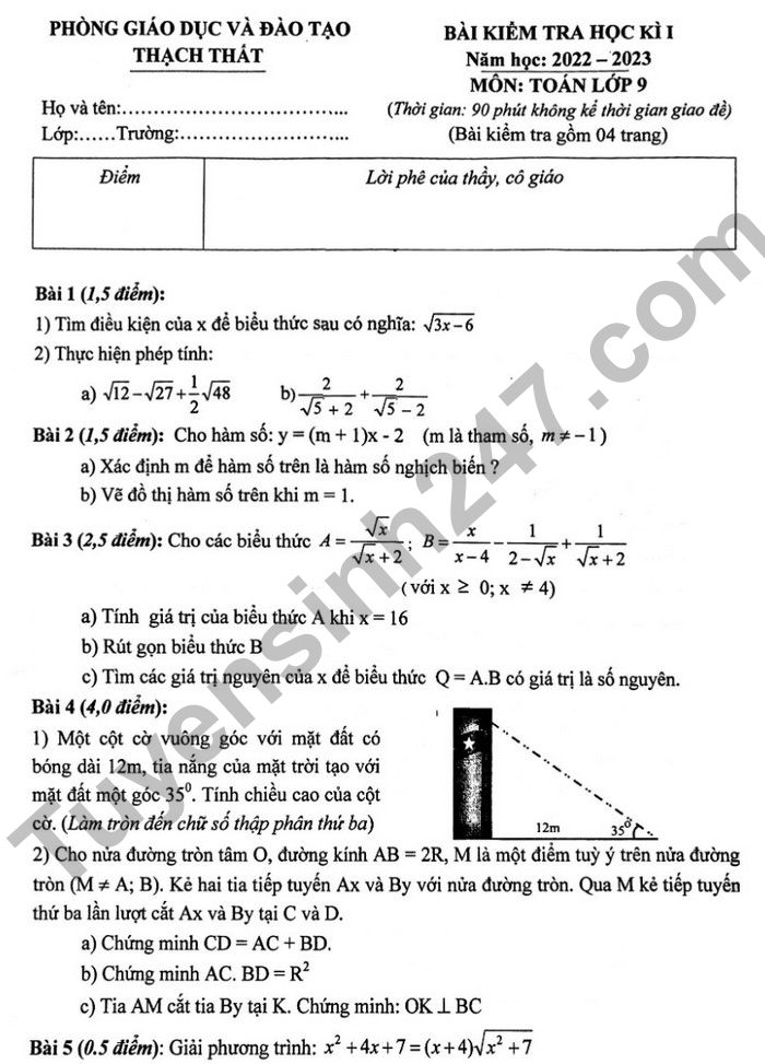 De thi ki 1 mon Toan lop 9 Phong GD Thach That 2022 (Co dap an)