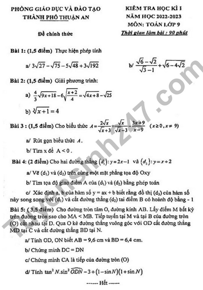 De kiem tra ki 1 lop 9 nam 2022 mon Toan TP Thuan An