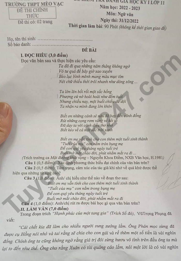 De thi HK 1 lop 11 mon Van 2022 THPT Meo Vac