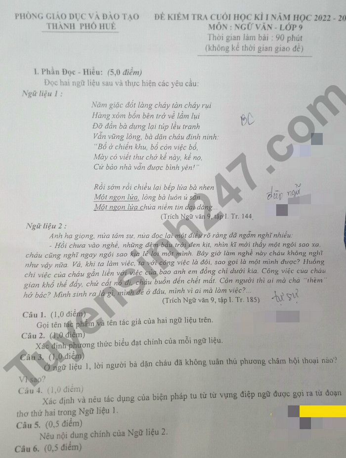 De thi ki 1 lop 9 nam 2022 mon Van - TP Hue