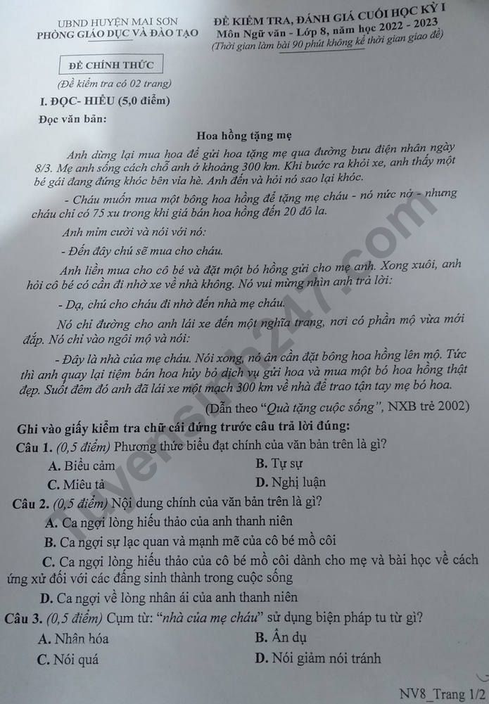De cuoi ki 1 mon Van lop 8 nam 2022 - Phong GD Mai Son