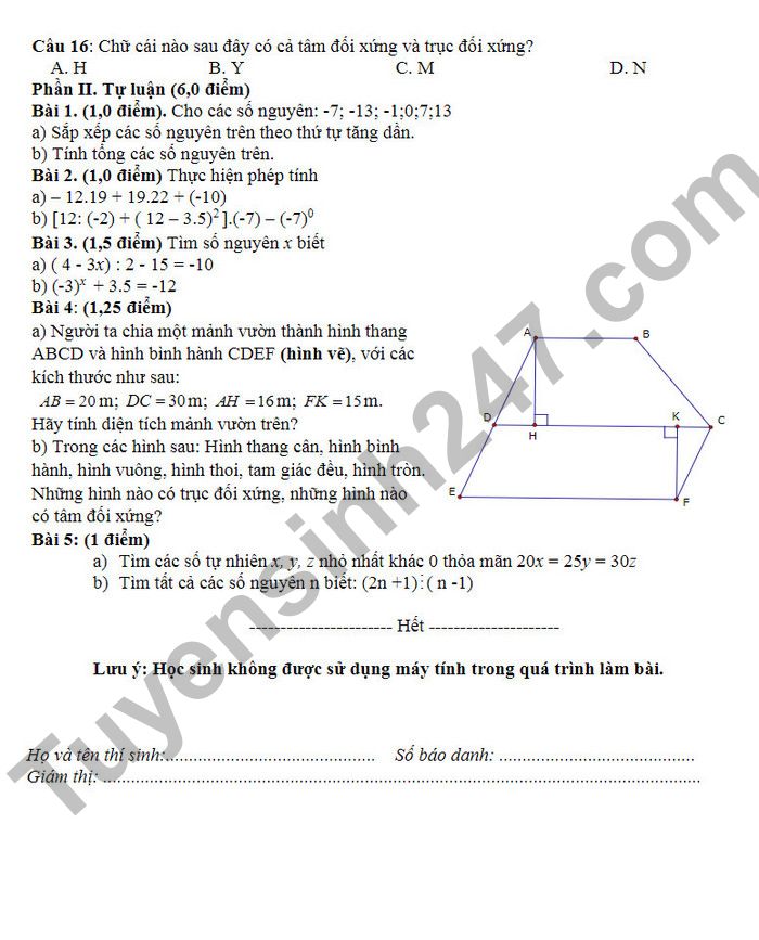 De thi ki 1 mon Toan lop 6 Huyen Xuan Truong 2022 (Co dap an)