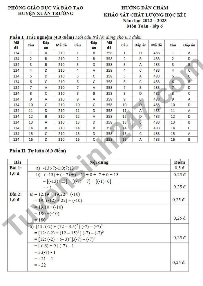 De thi ki 1 mon Toan lop 6 Huyen Xuan Truong 2022 (Co dap an)