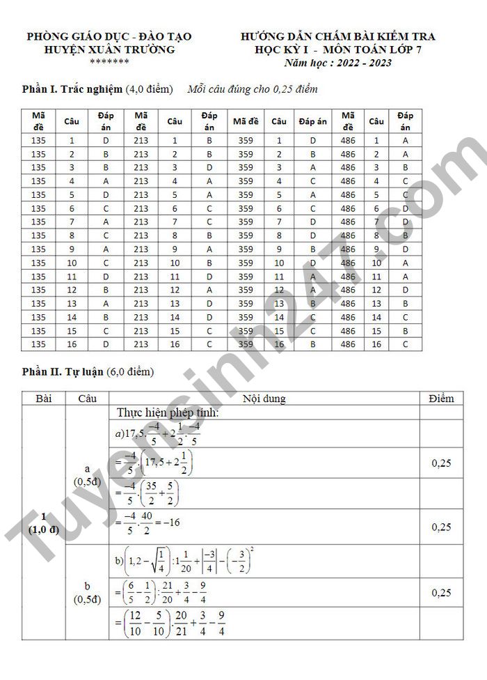 De kiem tra ki 1 lop 7 mon Toan 2022 Huyen Xuan Truong