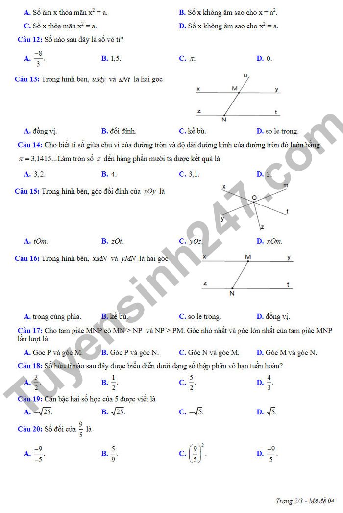 De thi cuoi ki 1 mon Toan lop 7 - Huyen Y Yen 2022 (Co dap an)