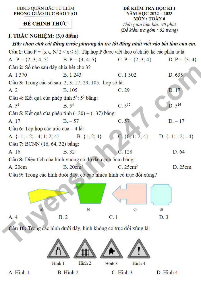 De thi cuoi ki 1 mon Toan 2022 lop 6 Quan Bac Tu Liem (Co dap an)