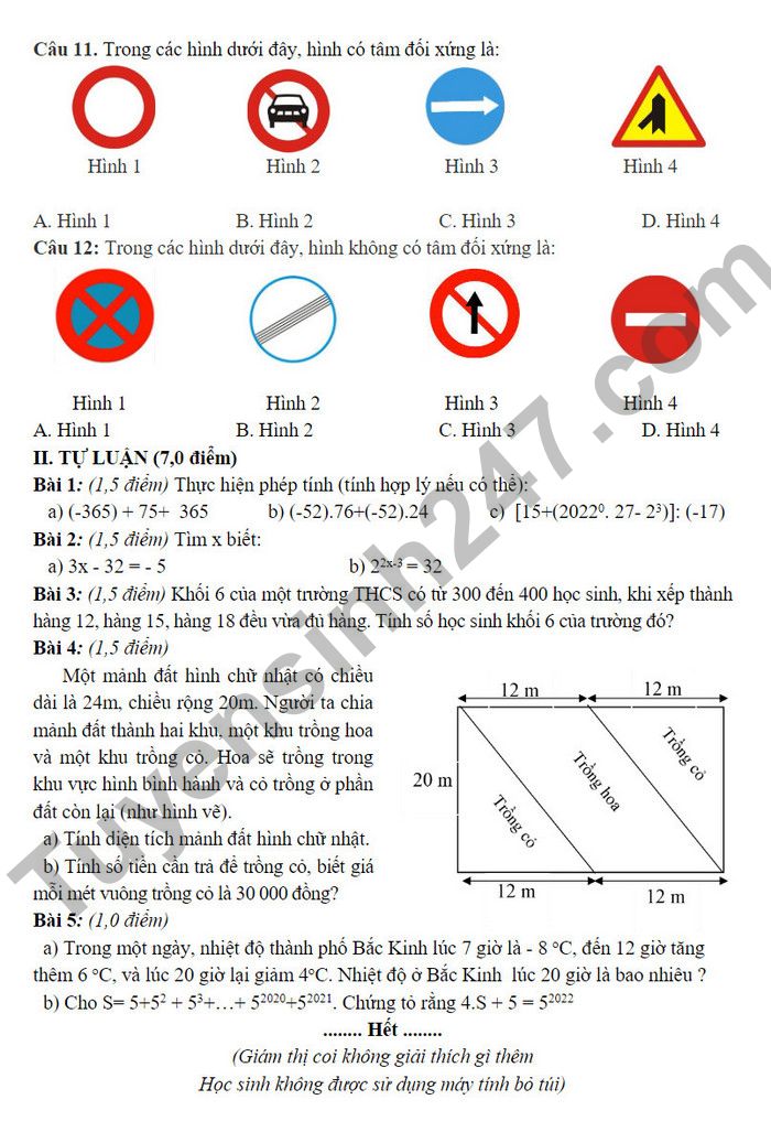 De thi cuoi ki 1 mon Toan 2022 lop 6 Quan Bac Tu Liem (Co dap an)