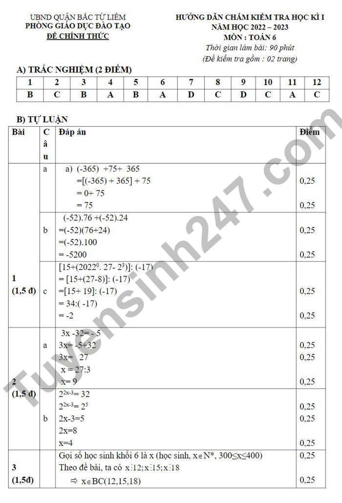 De thi cuoi ki 1 mon Toan 2022 lop 6 Quan Bac Tu Liem (Co dap an)