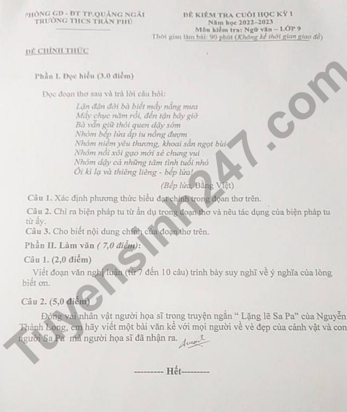 De thi cuoi ki 1 mon Van lop 9 - THCS Tran Phu 2022