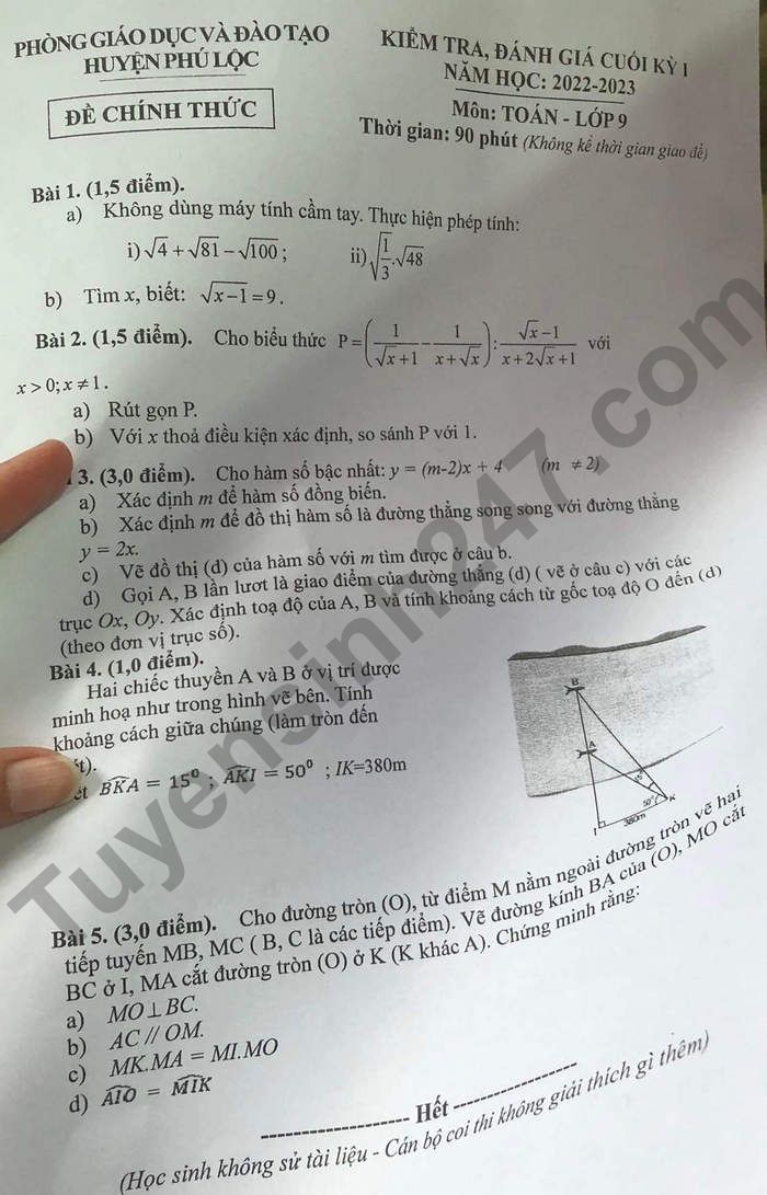 De thi HK 1 mon Toan lop 9 Huyen Phu Loc 2022