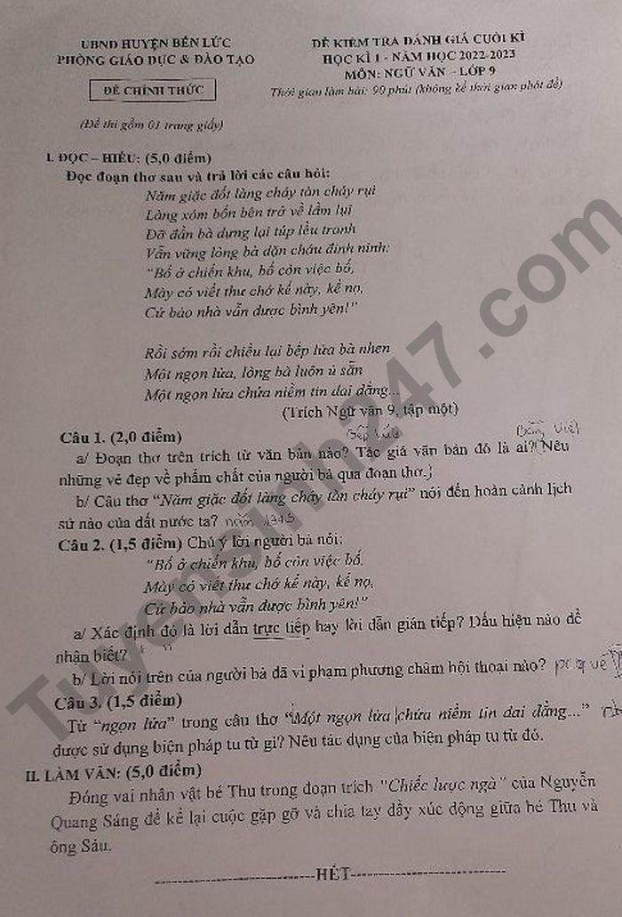 De thi cuoi ki 1 mon Van lop 9 nam 2022 Huyen Ben Luc