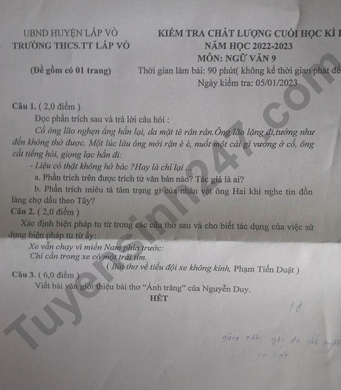 De kiem tra ki 1 lop 9 mon Van 2022 THCS TT Lap Vo