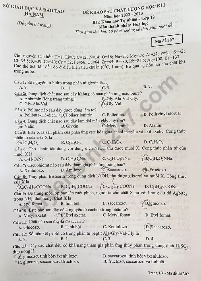 De thi HK 1 lop 12 mon Hoa nam 2022 - So GDDT Ha Nam