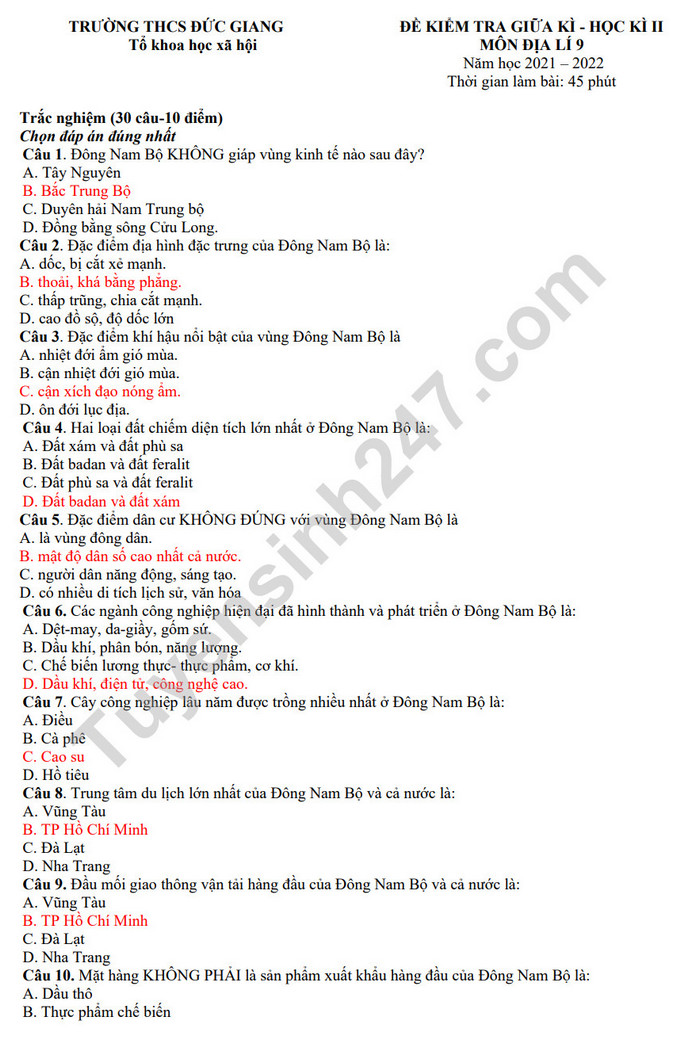 De kiem tra giua ki 2 mon Dia lop 9 THPT Duc Giang 2022 (Co dap an)