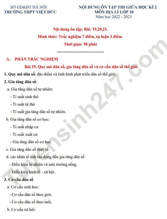 De cuong giua hoc ki 2 lop 10 nam 2023 mon Dia - THPT Viet Duc