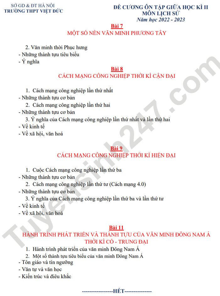 De cuong giua ki 2 mon Su lop 10 - THPT Viet Duc 2023